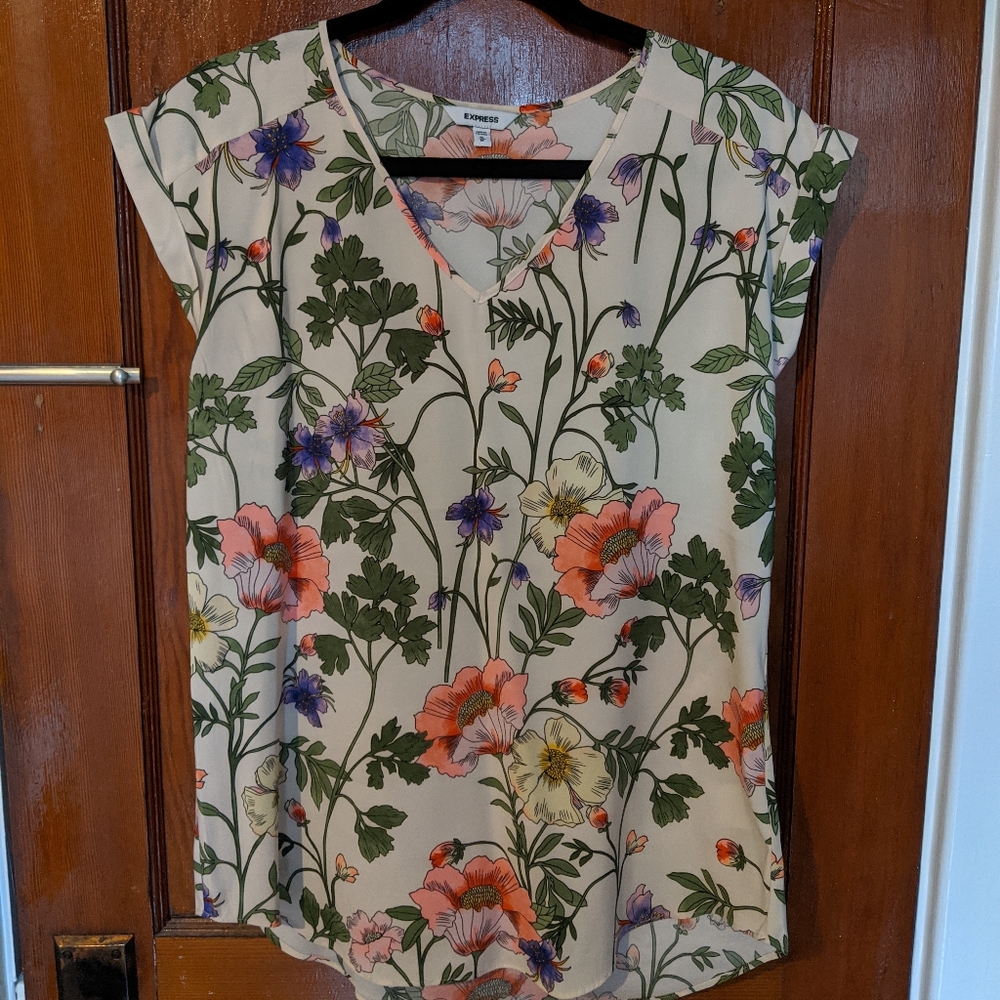 Express Cream Floral V-Neck Cap Sleeve Blouse with Pink, Orange & Green Accents
